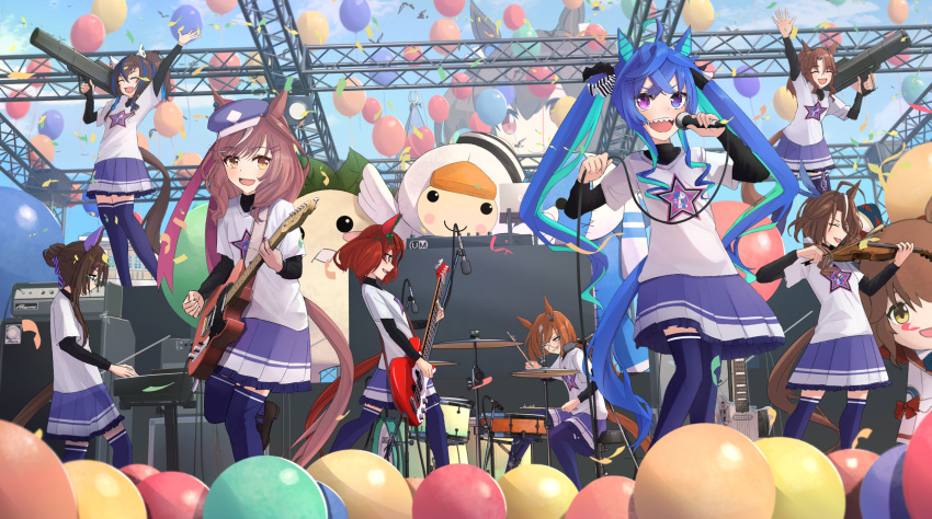 6+girls :d @_@ ahoge amplifier animal_ears aqua_hair arm_up aston_machan_(umamusume) balloon black_shirt blue_eyes blue_hair blue_sky bob_cut bow brown_hair cabbie_hat cable closed_eyes commentary concert confetti crossed_bangs daitaku_helios_(umamusume) day drum drum_set drumsticks ear_covers ear_ornament ears_through_headwear english_commentary feet_out_of_frame giant giantess glasses green-framed_eyewear guitar hair_bow hair_bun hand_up hat heterochromia highres hishi_akebono_(umamusume) holding holding_bass holding_cable holding_drumsticks holding_guitar holding_instrument holding_microphone holding_violin horse_ears horse_girl horse_tail ikuno_dictus_(umamusume) instrument keyboard_(instrument) kimura_komekami long_hair long_sleeves looking_at_viewer mandrake matikane_tannhauser_(umamusume) mejiro_palmer_(umamusume) microphone mixed-language_commentary multicolored_hair multiple_girls music nice_nature_(umamusume) official_alternate_costume open_mouth orange_hair outdoors oversized_object parted_bangs petticoat playing_instrument pleated_skirt ponytail purple_skirt purple_thighhighs redhead round_eyewear royce_and_royce_(umamusume) sharp_teeth shirt shirt_under_shirt short_hair sidelocks simple_bird single_ear_cover skirt sky smile sounds_of_earth_(umamusume) stage stage_lights streaked_hair striped_bow stuffed_animal stuffed_duck stuffed_rabbit stuffed_toy t-shirt_launcher tail teeth thigh-highs twin_turbo_(umamusume) twintails two-tone_hair umamusume upper_teeth_only v-shaped_eyebrows violet_eyes violin waving white_shirt yellow_eyes