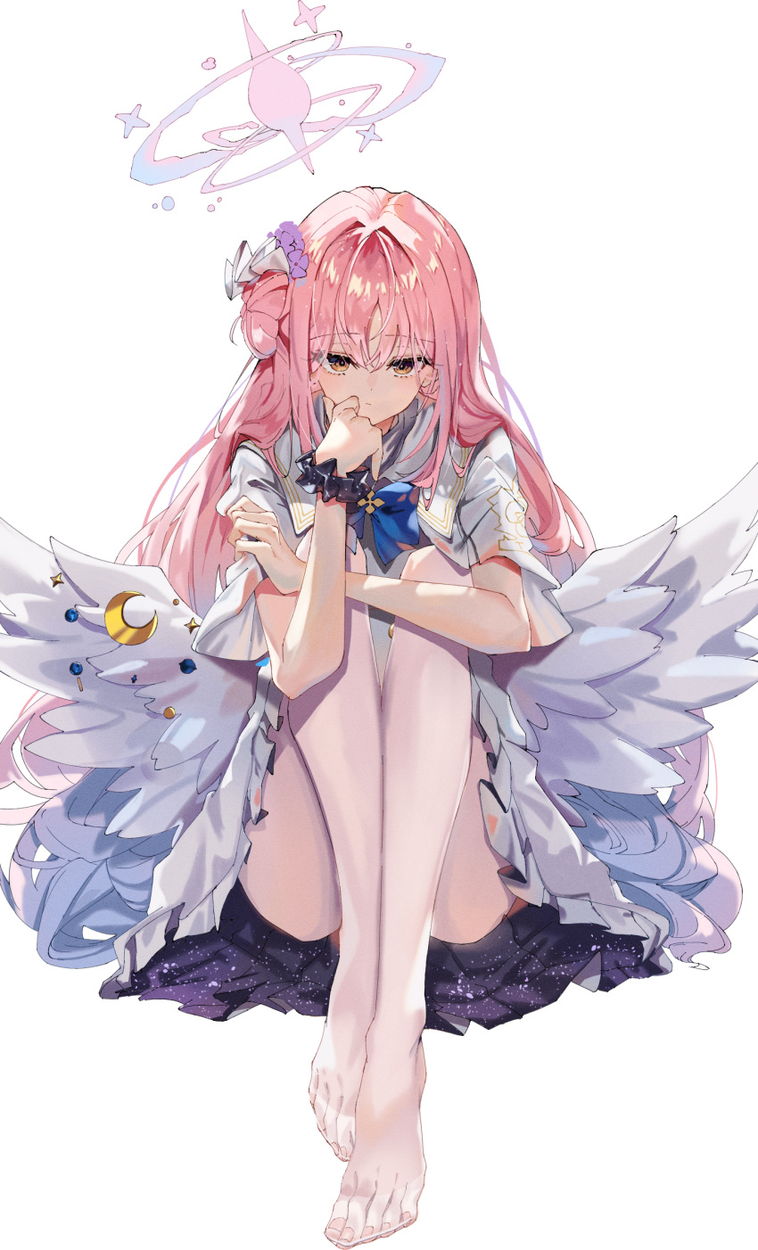 1girl angel_wings arm_rest blue_archive capelet closed_mouth dress feathered_wings flower frilled_dress frills full_body hair_bun hair_flower hair_ornament halo hand_on_own_face highres huuuuu_(ddakji79) long_hair looking_at_viewer low_wings medium_dress mika_(blue_archive) pantyhose pink_hair pink_halo side_up_bun simple_background single_side_bun sleeveless sleeveless_dress solo toes very_long_hair white_background white_capelet white_dress white_pantyhose wings yellow_eyes