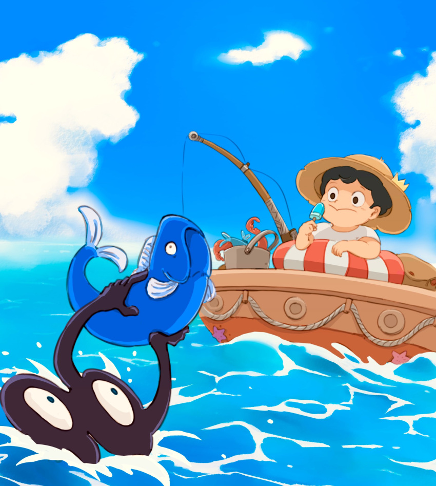 1boy animal black_eyes black_hair boat bojji brown_headwear closed_mouth clouds commentary_request day fish fishing_rod food hat highres holding holding_animal holding_fish kage_(ousama_ranking) looking_at_another male_focus ocean ousama_ranking outdoors popsicle shirt short_hair short_sleeves sun_hat waataaanaaaaabe water watercraft white_shirt