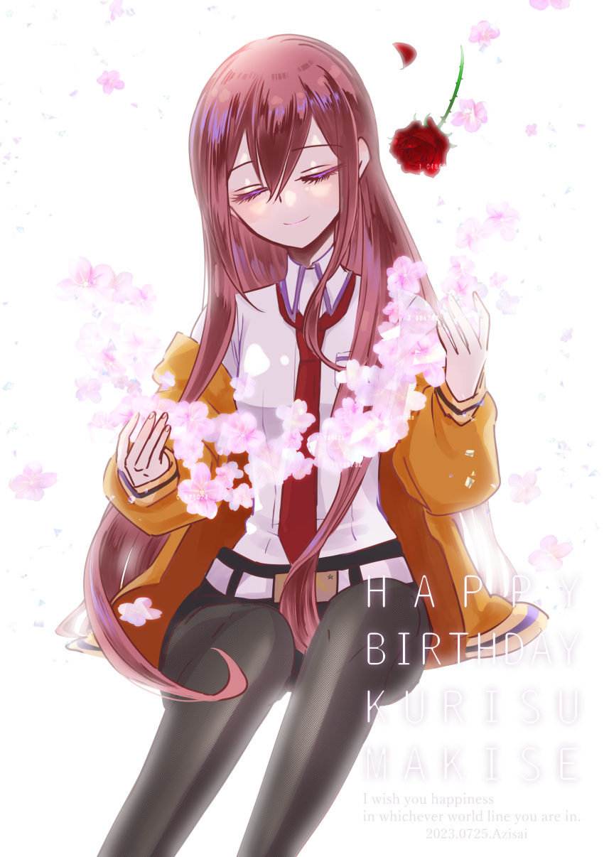 1girl 2023 absurdres artist_name belt black_pantyhose breast_pocket breasts character_name cherry_blossoms closed_eyes closed_mouth collared_shirt dated english_text eyelashes facing_viewer falling_flower falling_petals flower hands_up happy_birthday highres invisible_chair jacket long_hair long_sleeves makise_kurisu necktie orange_jacket pantyhose petals pocket red_flower red_necktie red_rose redhead rose shirt sidelocks sitting small_breasts smile solo steins;gate thorns vermicul-um white_background white_belt white_shirt