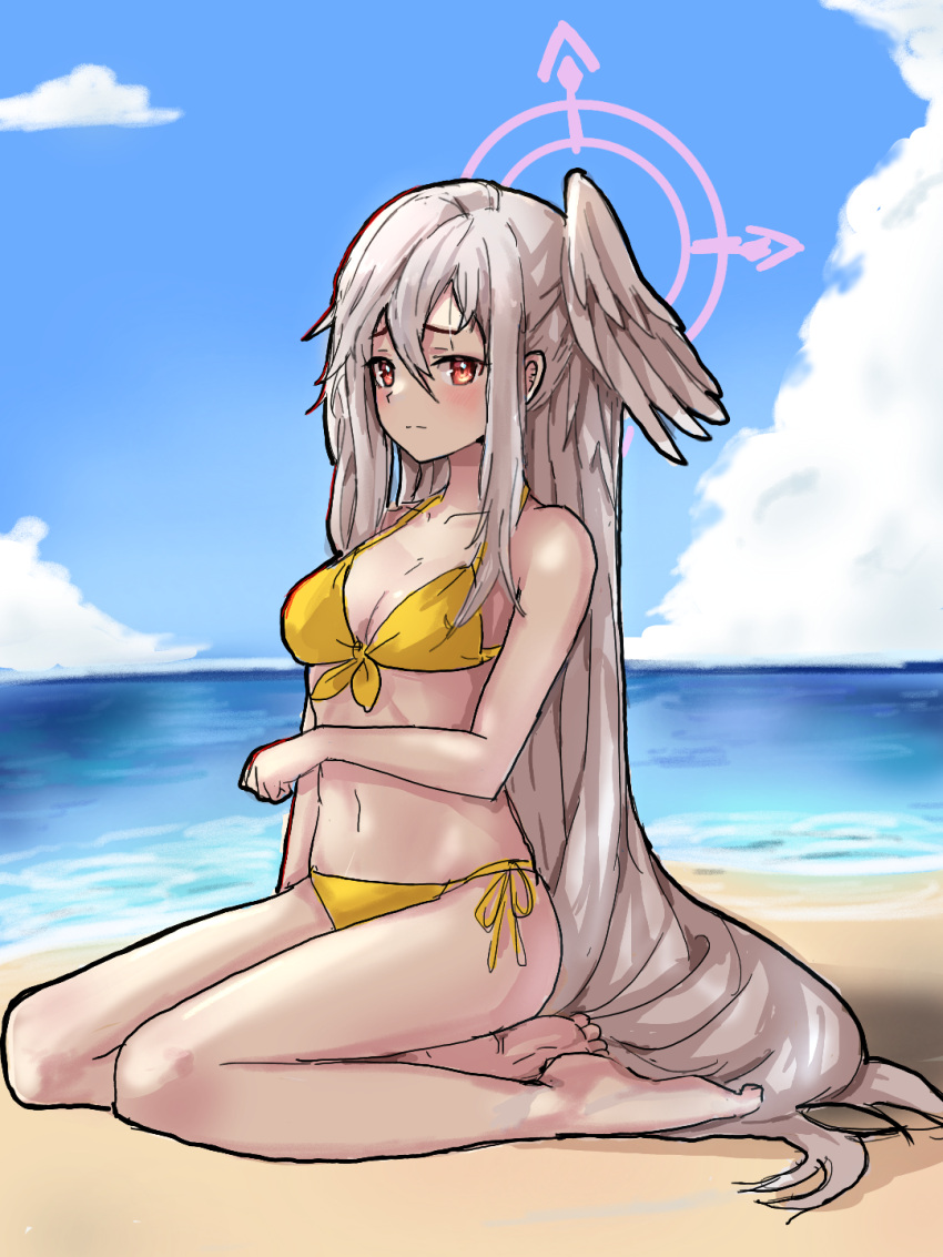 1girl barefoot beach bikini blue_archive breasts day full_body furrowed_brow hair_between_eyes halo head_wings highres long_hair looking_at_viewer outdoors red_eyes single_wing solo suzumi_(blue_archive) swimsuit uranium10 very_long_hair white_hair wings yellow_bikini