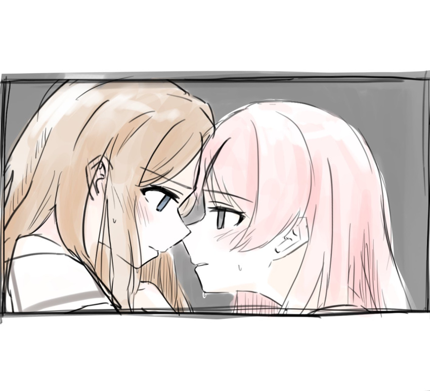 2girls bang_dream! bang_dream!_it's_mygo!!!!! blue_eyes blush brown_hair chihaya_anon commentary_request ear_blush eye_contact forehead-to-forehead grey_eyes heads_together highres korea kuuhaku_900 long_hair looking_at_another mixed-language_commentary multiple_girls nagasaki_soyo parted_lips pink_hair sailor_collar sidelocks sweat white_sailor_collar yuri