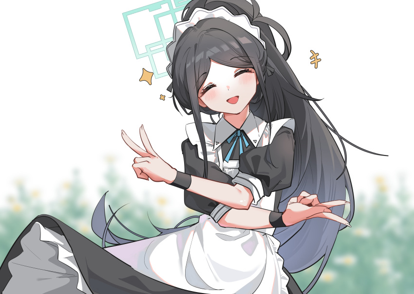 1girl ^_^ absurdres alternate_costume apron aris_(blue_archive) aris_(maid)_(blue_archive) black_hair blue_archive blue_ribbon blurry blurry_background blush closed_eyes dress enmaided haixingren highres long_hair looking_at_viewer maid maid_apron maid_headdress neck_ribbon ponytail puffy_short_sleeves puffy_sleeves ribbon short_sleeves smile solo v very_long_hair white_apron
