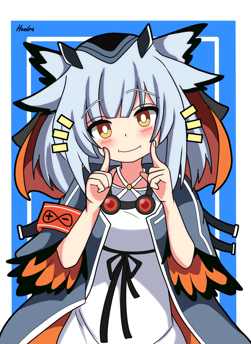 1girl absurdres arknights armband blue_background blush bright_pupils coat commentary_request dress feather_hair fingers_to_cheeks fingersmile goggles goggles_around_neck grey_coat grey_hair hendra highres inset_border looking_at_viewer orange_eyes owl_ears owl_girl ptilopsis_(arknights) rhine_lab_logo solo upper_body veil white_background white_dress white_pupils