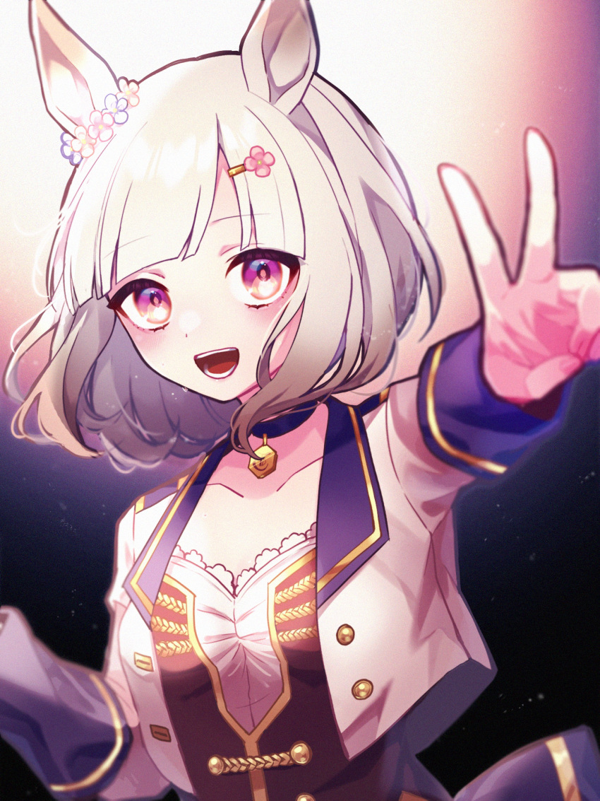 1girl animal_ears blurry breasts collarbone cropped_jacket depth_of_field grey_hair hair_ornament hairclip happy_meek_(umamusume) highres horse_ears jacket maigo_(user_xkwr8585) open_clothes open_jacket open_mouth outstretched_arm pendant_choker pink_eyes red_jacket red_vest shirt short_hair small_breasts smile solo starting_future_(umamusume) sweat umamusume upper_body v vest white_shirt