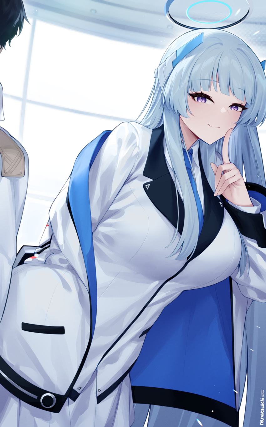 1boy 1girl black_hair blue_archive blue_necktie blush breasts closed_mouth collared_shirt grey_hair halo highres izulizuru jacket large_breasts long_hair long_sleeves mechanical_halo necktie noa_(blue_archive) open_clothes open_jacket pleated_skirt sensei_(blue_archive) shirt short_hair signature skirt smile socks two-sided_fabric two-sided_jacket violet_eyes white_shirt white_skirt white_socks