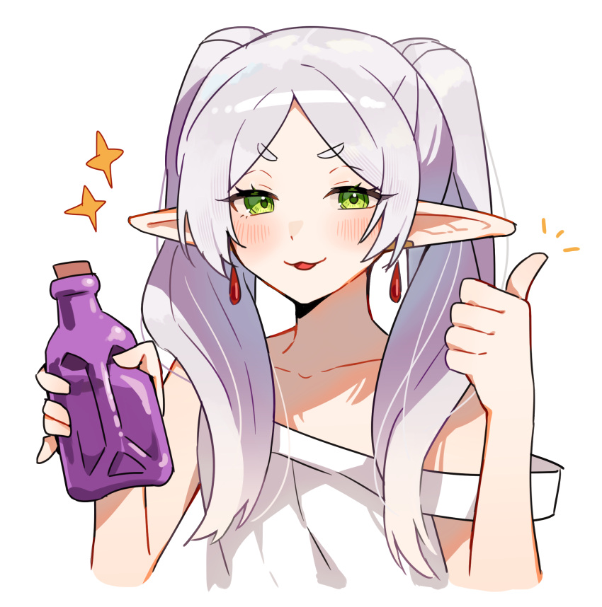 :3 bare_arms blush bottle collarbone cropped_torso dress drop_earrings earrings elf enipa_28 flat_chest frieren green_eyes highres holding holding_bottle jewelry long_hair looking_at_viewer meme notice_lines parted_lips pointy_ears potion sidelocks simple_background sousou_no_frieren sparkle strap_slip thumbs_up upper_body white_background white_dress white_hair you_can_just_give_this_kind_of_thing_to_men_and_they_will_be_thrilled_(meme)