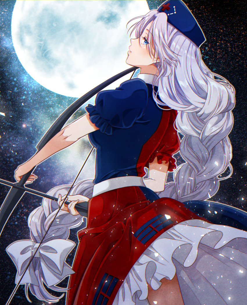 1girl arrow blue_dress bow bow_(weapon) long_hair red_dress touhou white_hair yagokoro_eirin