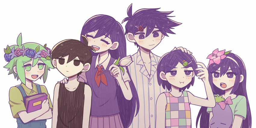 2girls 4boys antenna_hair aqua_shirt aubrey_(headspace)_(omori) aubrey_(omori) bare_shoulders basil_(headspace)_(omori) basil_(omori) black_eyes black_hair black_tank_top blue_overalls blue_pajamas book bow bright_pupils brother_and_sister brothers buttons cactus checkered_clothes checkered_shirt choichoice closed_eyes closed_mouth collarbone collared_shirt colored_skin expressionless flower gladiolus green_eyes green_hair green_shirt hair_between_eyes hair_ornament hairclip hand_on_another's_head hand_on_another's_shoulder head_wreath headband hero_(headspace)_(omori) hero_(omori) holding holding_book holding_flower holding_stuffed_toy kel_(headspace)_(omori) kel_(omori) long_hair long_sleeves looking_at_another looking_up mari_(headspace)_(omori) mari_(omori) multiple_boys multiple_girls neckerchief no_pupils omori omori_(omori) open_mouth overalls pajamas pink_bow pink_flower purple_hair purple_skirt purple_sweater_vest red_flower red_neckerchief red_rose rose shirt short_hair short_sleeves siblings simple_background skirt sleeveless smile striped_clothes striped_pajamas striped_shirt stuffed_eggplant stuffed_toy sweater_vest tank_top teeth tulip upper_teeth_only v-shaped_eyebrows vertical-striped_clothes vertical-striped_pajamas vertical-striped_shirt violet_eyes white_background white_flower white_headband white_pajamas white_pupils white_shirt white_skin