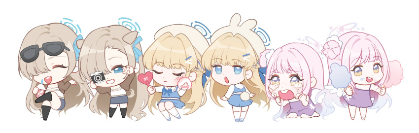 3girls absurdres angel_wings animal_ear_headwear applying_makeup asuna_(blue_archive) blonde_hair blue_archive blue_dress blue_eyes camera chibi closed_eyes closed_mouth commentary crossed_legs crying dora_(garyeong) dress eyewear_on_head food hair_bun hair_intakes hair_ornament hair_over_one_eye hair_scrunchie hairclip halo highres holding holding_camera holding_food light_brown_hair long_hair marshmallow mika_(blue_archive) multiple_girls multiple_views open_mouth pink_hair purple_dress scrunchie simple_background single_hair_bun sitting standing sunglasses symbol-only_commentary tears toki_(blue_archive) two-tone_eyes v_over_eye very_long_hair violet_eyes wariza white_background white_scrunchie wings yellow_eyes