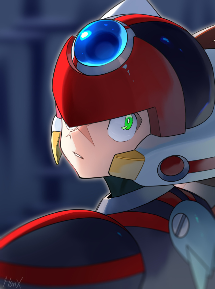 1boy absurdres armor artist_name axl_(mega_man) black_armor buzzsaw_(6631455) cross_scar forehead_jewel from_behind helmet highres looking_at_viewer looking_back mega_man_(series) mega_man_x_(series) red_headwear scar scar_on_face solo upper_body