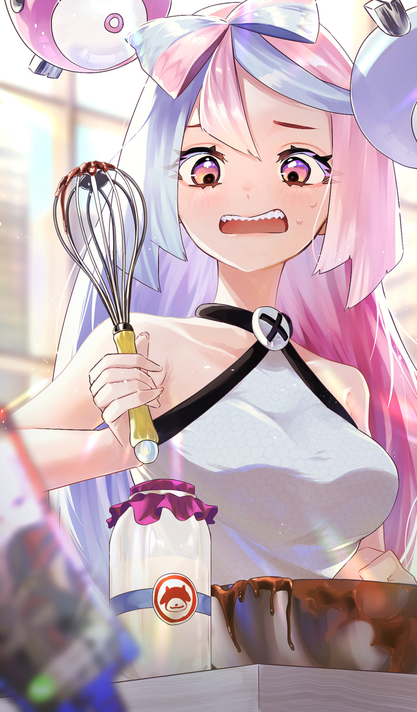 1girl bare_shoulders blue_hair blurry blurry_background blurry_foreground bottle bow-shaped_hair bowl breasts chocolate chocolate_making depth_of_field grey_shirt highres holding holding_whisk indoors iono_(pokemon) long_hair medium_breasts milk_bottle moomoo_milk multicolored_hair ni_(7no8210mare) open_mouth pink_eyes pink_hair pokemon pokemon_sv sharp_teeth shirt sleeveless sleeveless_shirt solo teeth twintails two-tone_hair upper_teeth_only whisk