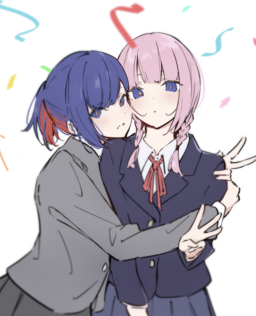 2girls atenaba black_jacket blue_eyes blue_hair blue_skirt braid collared_shirt commentary confetti grey_jacket hashtag_only_commentary highres hug jacket kaf_(kamitsubaki_studio) kamitsubaki_studio long_sleeves looking_at_viewer multicolored_hair multiple_girls neck_ribbon parted_lips pink_hair pleated_skirt ponytail red_ribbon redhead ribbon rim_(kamitsubaki_studio) school_uniform shirt simple_background skirt smile streaked_hair twin_braids upper_body v w white_background white_shirt yellow_pupils