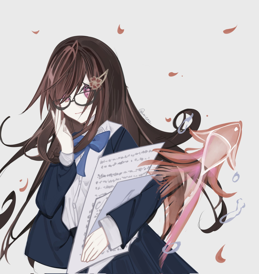 1girl adjusting_eyewear black-framed_eyewear blazer blue_bow blue_bowtie blue_jacket blue_skirt bow bowtie brown_hair collared_shirt cowboy_shot falling_petals fish floating_hair glasses hair_ornament hair_over_one_eye hairclip hand_on_eyewear highres holding holding_paper honkai:_star_rail honkai_(series) hugging_object jacket long_hair long_sleeves looking_at_viewer one_eye_covered open_clothes open_jacket paper papers petals pink_eyes pleated_skirt school_uniform shirt simple_background skirt solo sparkle_(honkai:_star_rail) straight_hair twitter_username uriato white_background white_shirt