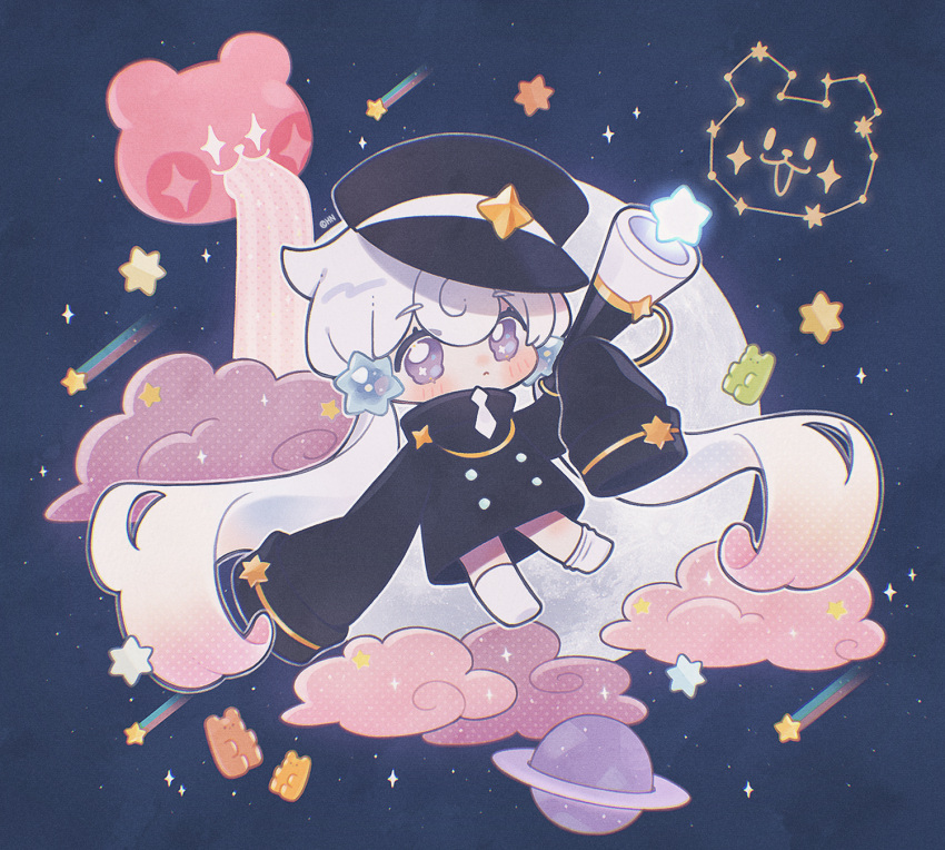 1girl asymmetrical_legwear black_headwear black_shirt buttons closed_mouth clouds cookie_run double-breasted film_grain full_body full_moon gradient_hair gummy_bear hair_between_eyes highres hn_(artist) holding holding_telescope long_hair long_sleeves looking_at_viewer low_twintails milky_way_cookie moon multicolored_hair necktie no_shoes oversized_clothes oversized_shirt pink_clouds pink_hair planet shirt shooting_star sleeves_past_fingers sleeves_past_wrists socks solo star_(sky) star_(symbol) telescope turtleneck twintails uneven_legwear violet_eyes white_hair white_necktie white_socks yellow_trim