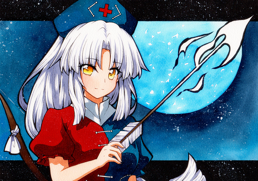 1girl arrow blue_dress bow bow_(weapon) long_hair nurse nurse_cap red_dress touhou white_hair yagokoro_eirin
