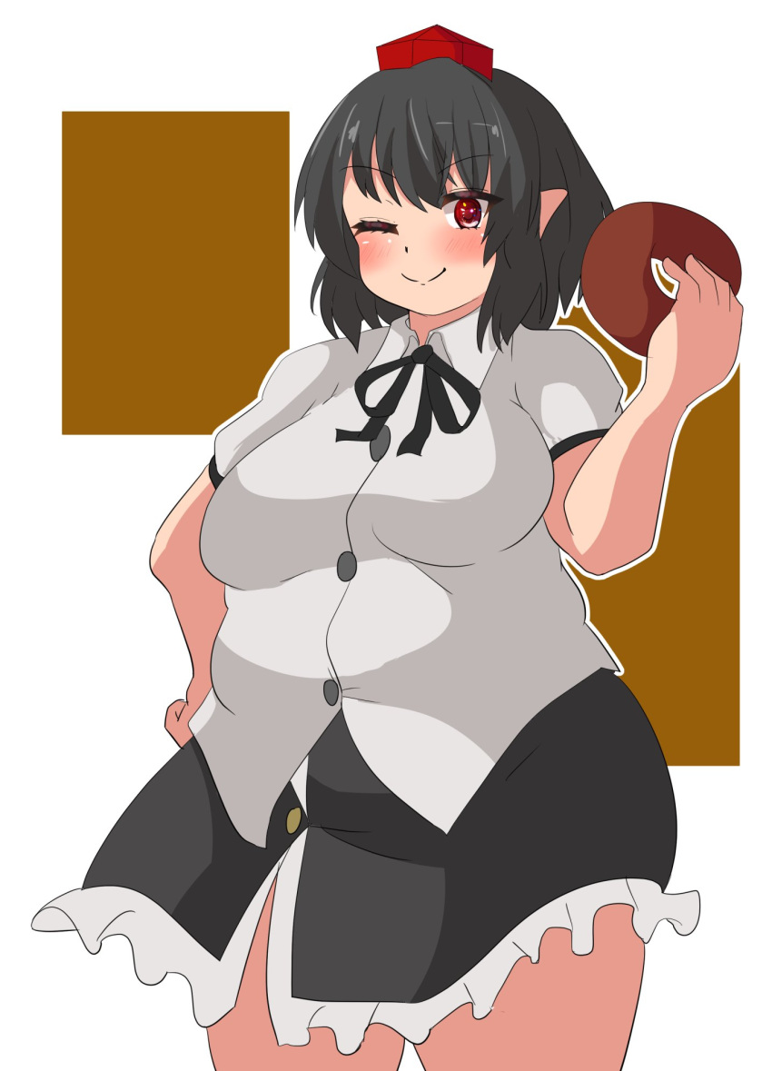 1girl alternate_body_size black_hair blush breasts brown_background buttons commentary_request cowboy_shot fat hair_between_eyes hat highres holding large_breasts looking_at_viewer medium_hair nerizou one_eye_closed pointy_ears red_eyes shameimaru_aya short_sleeves solo split_mouth thick_thighs thighs tokin_hat touhou white_background wing_collar