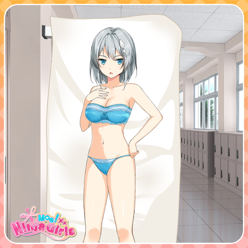 1girl bare_arms bare_legs bare_shoulders bikini blue_bikini blue_eyes breasts cleavage collarbone copyright_name dot_nose grey_hair groin hair_ornament hallway hand_on_own_chest hand_on_own_hip knees large_breasts logo looking_at_viewer machiyuki_ricka moe!_ninja_girls navel official_art open_mouth school second-party_source short_hair solo standing stomach swimsuit thighs window