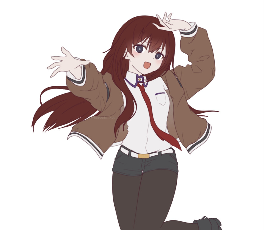 1girl :d arm_up belt black_eyes black_pantyhose black_shorts breast_pocket breasts bright_pupils brown_jacket collared_shirt dot_nose highres jacket kanzaki_nyo long_hair long_sleeves makise_kurisu necktie open_clothes open_hand open_jacket open_mouth pantyhose pocket reaching reaching_towards_viewer red_necktie redhead shirt short_shorts shorts sidelocks simple_background small_breasts smile solo steins;gate white_background white_belt white_pupils white_shirt