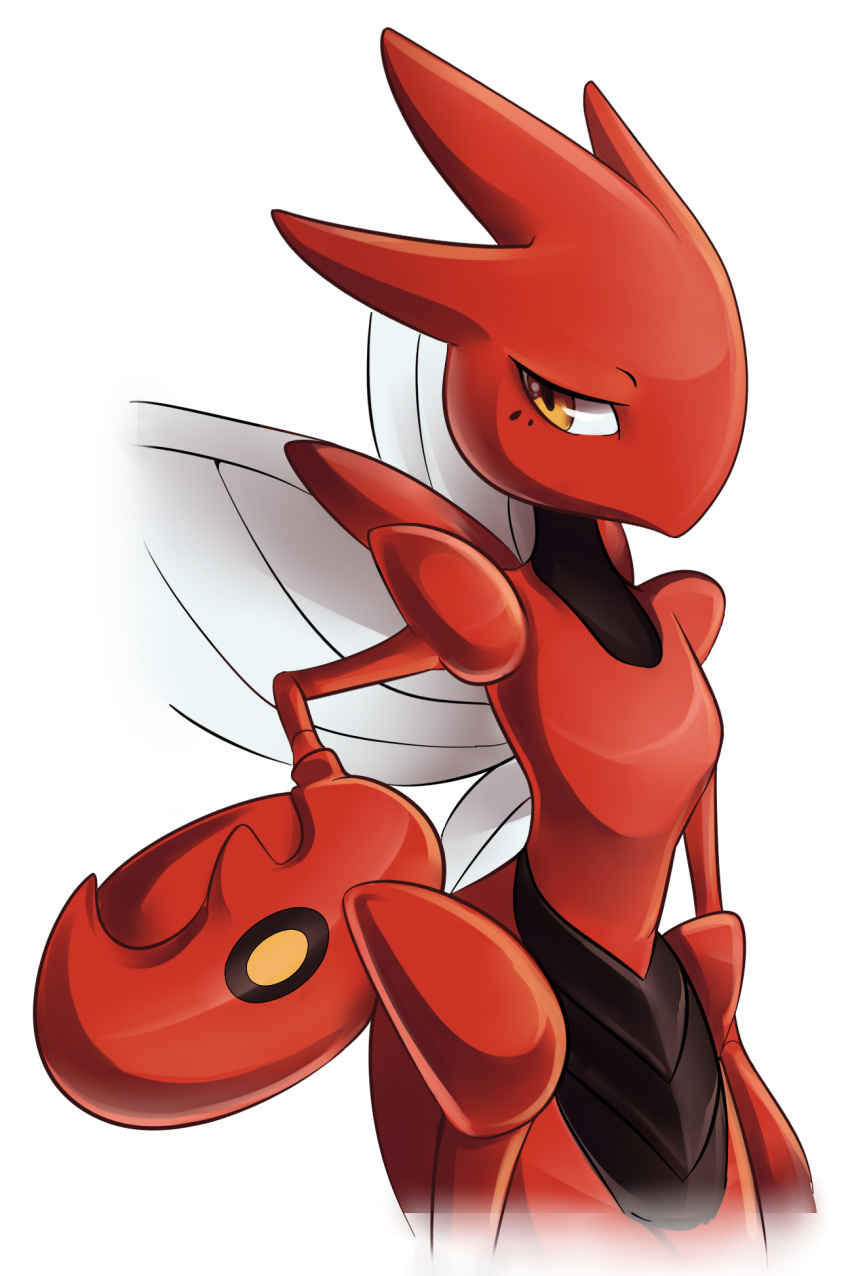 deedledove highres insect_wings looking_to_the_side orange_eyes pincers pokemon pokemon_(creature) scizor simple_background solo white_background wings