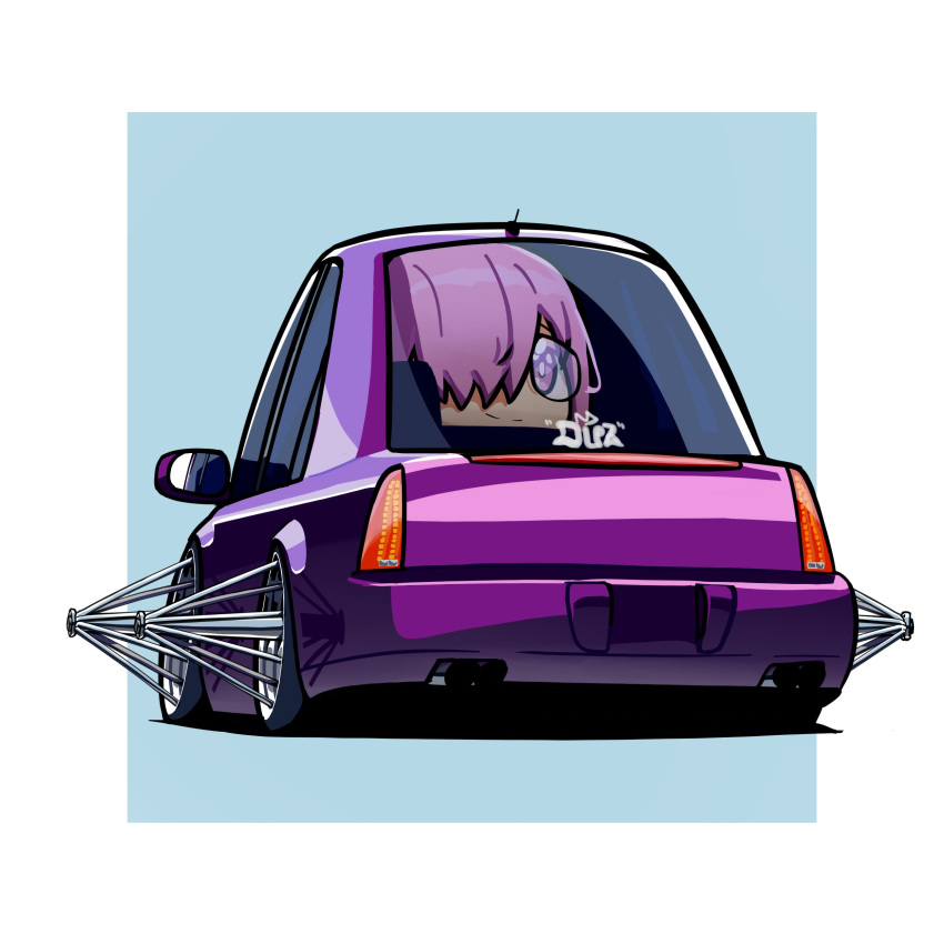 1girl absurdres blue_background border cadillac cadillac_cts car driving duz english_commentary fate_(series) from_behind glasses highres looking_at_viewer looking_back lowrider mash_kyrielight motor_vehicle one_eye_covered outside_border purple_hair smile solo vehicle_focus violet_eyes white_border