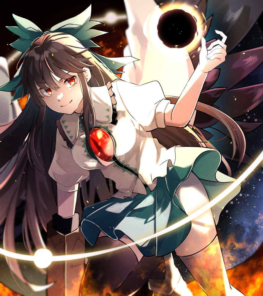 1girl absurdres arm_cannon aru16 atom bird_wings black_hair black_sun black_thighhighs black_wings bow breasts cape closed_mouth collared_shirt commentary_request control_rod fire foot_out_of_frame frilled_shirt_collar frills green_bow green_skirt grey_footwear hair_bow hand_up highres leaning_forward long_hair looking_at_viewer medium_bangs medium_breasts orange_eyes print_cape puffy_short_sleeves puffy_sleeves reiuji_utsuho shirt shoes short_sleeves skirt smile solo starry_sky_print sun thigh-highs third_eye touhou two-sided_cape two-sided_fabric v-shaped_eyebrows very_long_hair weapon white_cape white_shirt wings