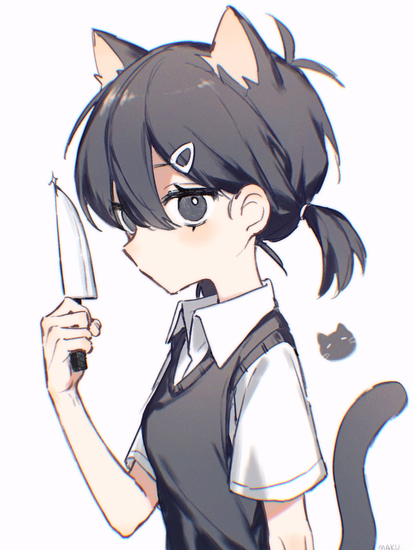 1girl animal_ears antenna_hair artist_name black_eyes black_hair black_sweater_vest black_tail cat_ears cat_girl cat_tail collared_shirt genderswap genderswap_(mtf) hair_between_eyes hair_ornament hairclip highres holding holding_knife knife looking_at_viewer low_twintails makucrp no_mouth omori shirt short_hair short_sleeves short_twintails solo sunny_(omori) sweater_vest tail twintails white_background white_shirt