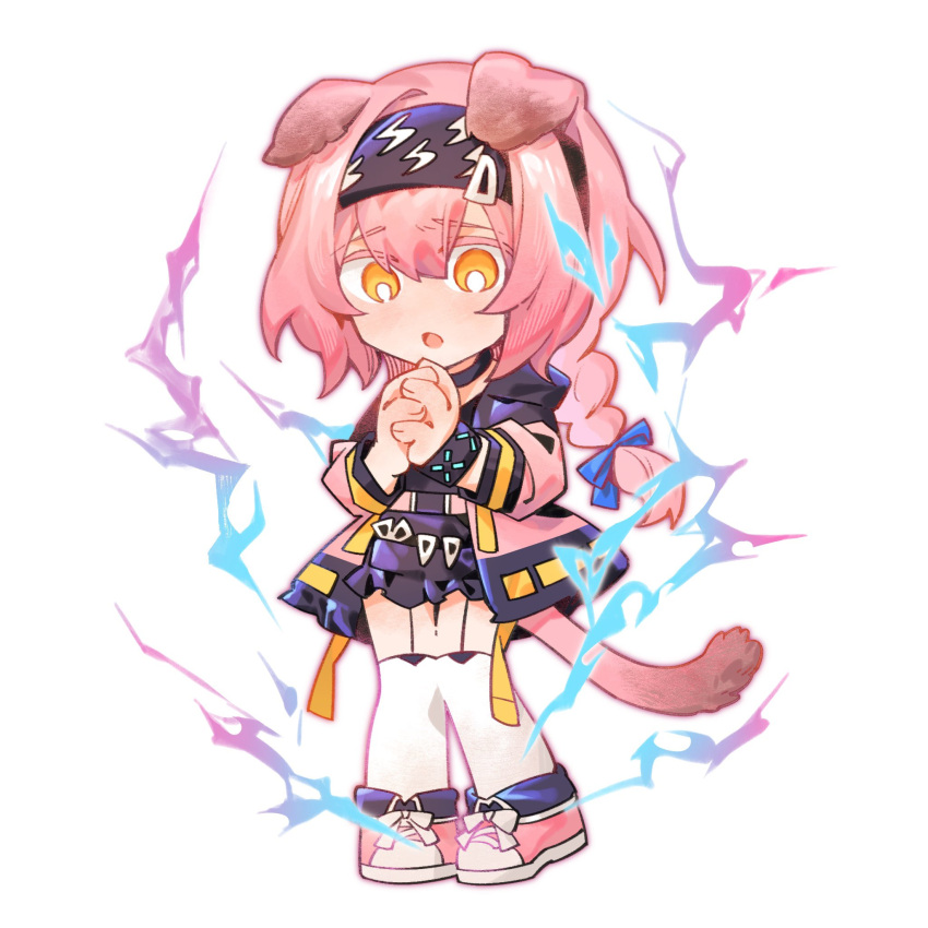 1girl :o animal_ears arknights black_hairband black_skirt blue_bow bow braid cat_ears cat_girl cat_tail chibi commentary goldenglow_(arknights) hair_bow hairband highres infection_monitor_(arknights) jacket lightning lightning_bolt_symbol long_hair looking_down own_hands_clasped own_hands_together pink_footwear pink_jacket pink_shirt shirt simple_background skirt solo tail thigh-highs wendy3807 white_background white_thighhighs yellow_eyes
