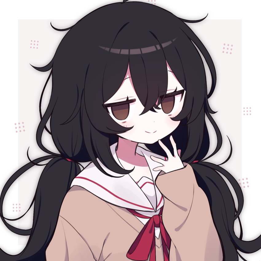 1girl bags_under_eyes black_hair border brown_eyes brown_sweater clarevoir empty_eyes eyes_visible_through_hair false_smile grey_background hair_between_eyes hand_up highres inset_border jitome light_blush light_smile long_hair low_twintails messy_hair original red_ribbon ribbon sailor_collar sidelocks smile solo sweater twintails upper_body white_border white_sailor_collar