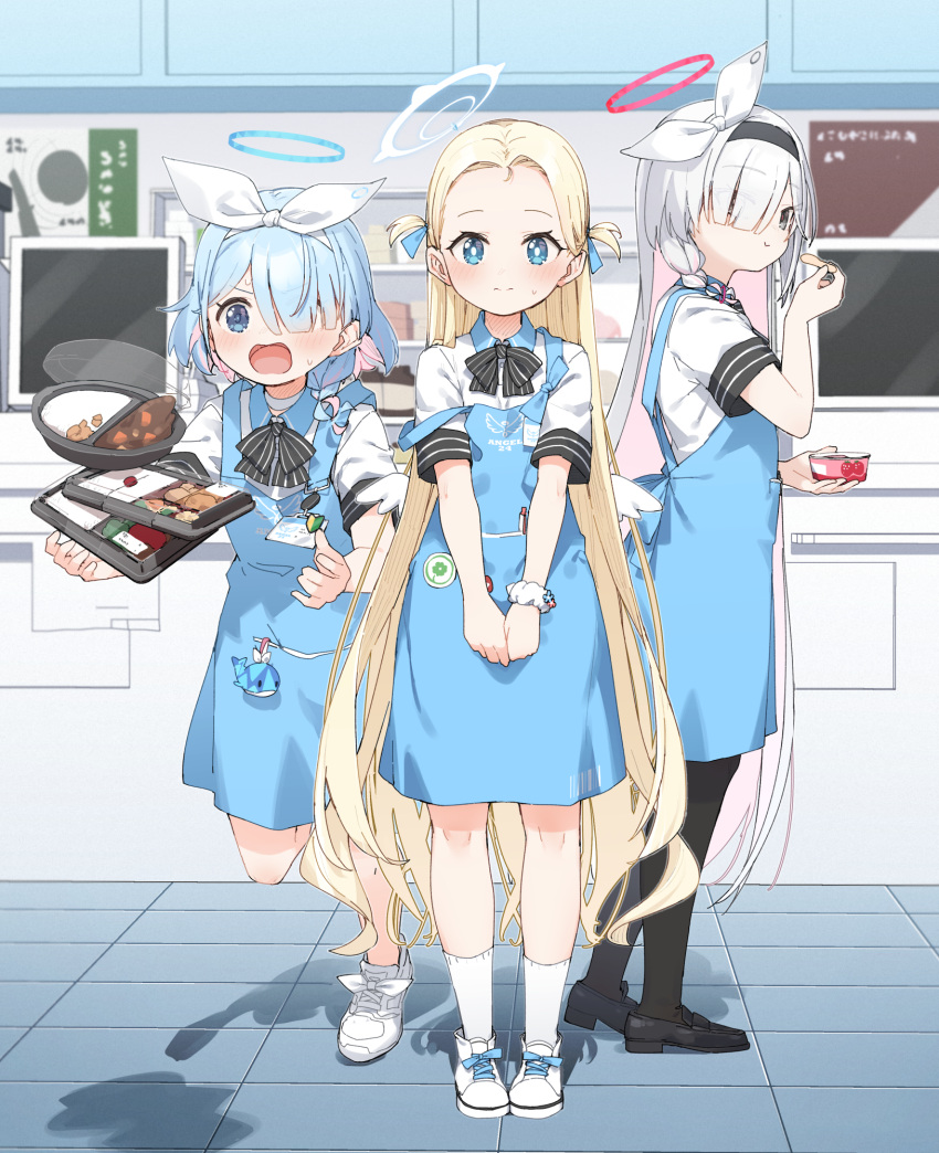 3girls angel's_24_uniform_(blue_archive) apron arona_(blue_archive) bento black_bow black_bowtie black_footwear black_pantyhose blonde_hair blue_apron blue_archive blue_eyes blue_hair blue_halo bow bowtie braid collared_shirt colored_inner_hair convenience_store curry food fruit grey_eyes grey_hair hair_over_one_eye halo highres ice_cream indoors long_hair looking_at_viewer multicolored_hair multiple_girls name_tag pantyhose pink_hair plana_(blue_archive) polo_shirt red_halo rice shirt shoes shop short_hair short_sleeves single_braid socks sora_(blue_archive) spilling striped_bow striped_bowtie striped_clothes tile_floor tiles umeboshi white_footwear white_shirt white_socks yukie_(kusaka_shi)