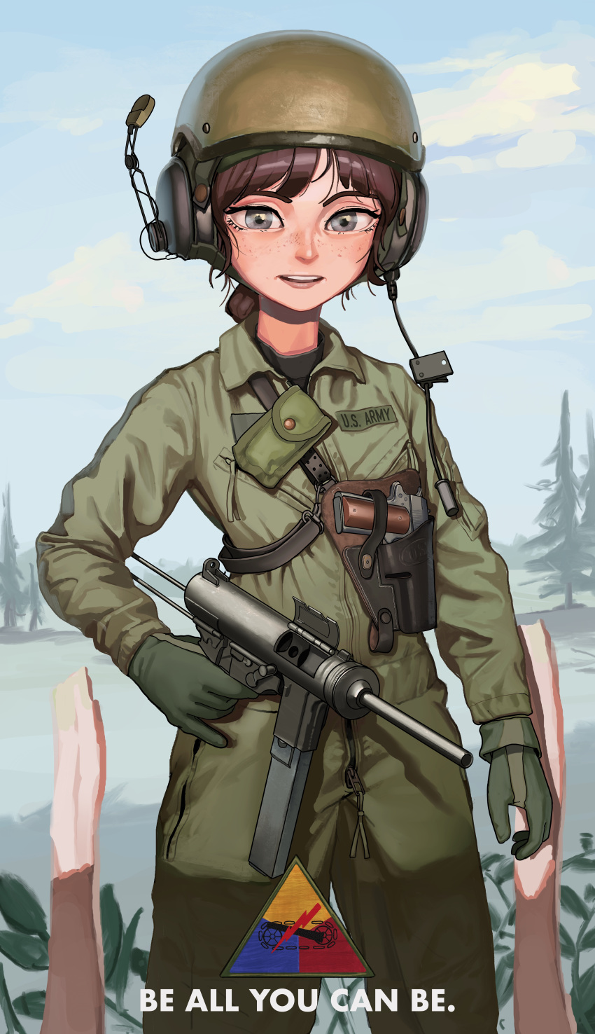 1girl absurdres ammunition_pouch blue_sky breast_pocket brown_hair clouds commentary_request crotch_zipper day english_commentary english_text finger_on_trigger freckles gloves green_gloves green_jacket green_pants grey_eyes gun handgun headset helmet highres holding holding_gun holding_weapon holster holstered jacket korean_commentary long_hair long_sleeves looking_at_viewer m1911 m3_submachine_gun magazine_(weapon) microphone military military_uniform mixed-language_commentary original outdoors pants pocket pouch rifleman1130 sky soldier solo standing submachine_gun turtleneck uniform united_states_army upper_body weapon zipper zipper_pull_tab