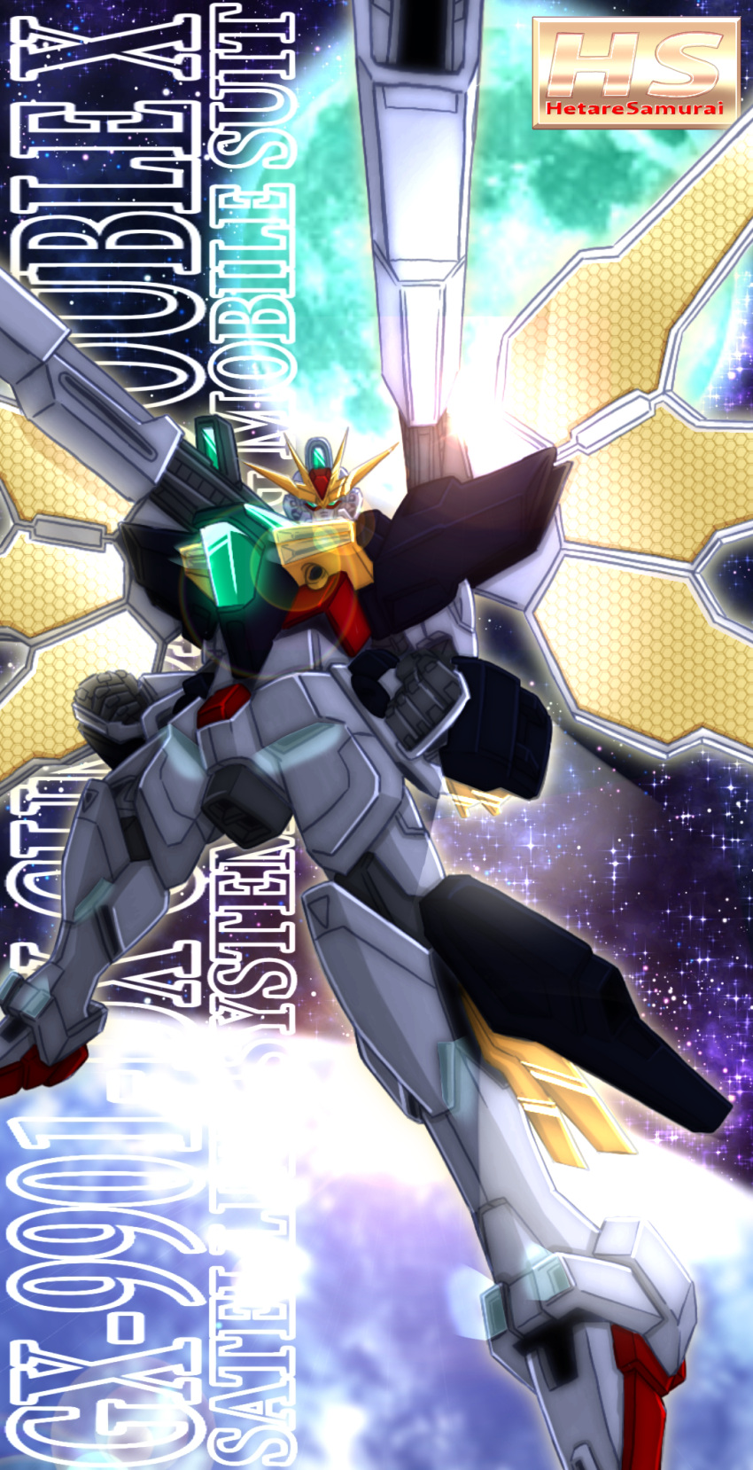 after_war_gundam_x beam_cannon box_art character_name clenched_hands commentary_request earth_(planet) energy_cannon english_text fake_box_art green_eyes gundam gundam_double_x highres looking_at_viewer mecha mobile_suit moon no_humans planet robot satellite_cannon science_fiction solo space star_(sky) user_tnmj5373 v-fin weapon