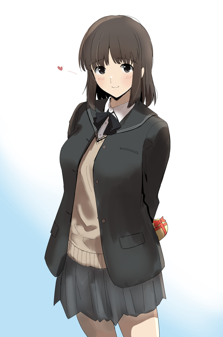 1girl absurdres amagami arms_behind_back black_bow black_bowtie black_jacket black_sailor_collar blazer bow bowtie box brown_eyes brown_hair brown_sweater closed_mouth collared_shirt gift gift_box gradient_background grey_skirt gyuunyuu_pack_(tanaka) heart highres holding holding_gift jacket kibito_high_school_uniform long_sleeves looking_at_viewer medium_hair pleated_skirt sailor_collar school_uniform shirt skirt solo standing sweater tanaka_keiko_(amagami) white_shirt