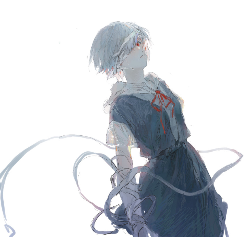 1girl arm_behind_back ayanami_rei bandaged_arm bandages blue_dress blue_hair breasts capelet dress hair_over_one_eye highres huimuuu light_blue_hair long_sleeves looking_at_viewer neck_ribbon neon_genesis_evangelion parted_lips red_eyes red_ribbon ribbon school_uniform short_hair simple_background sketch small_breasts solo tokyo-3_middle_school_uniform white_background white_capelet