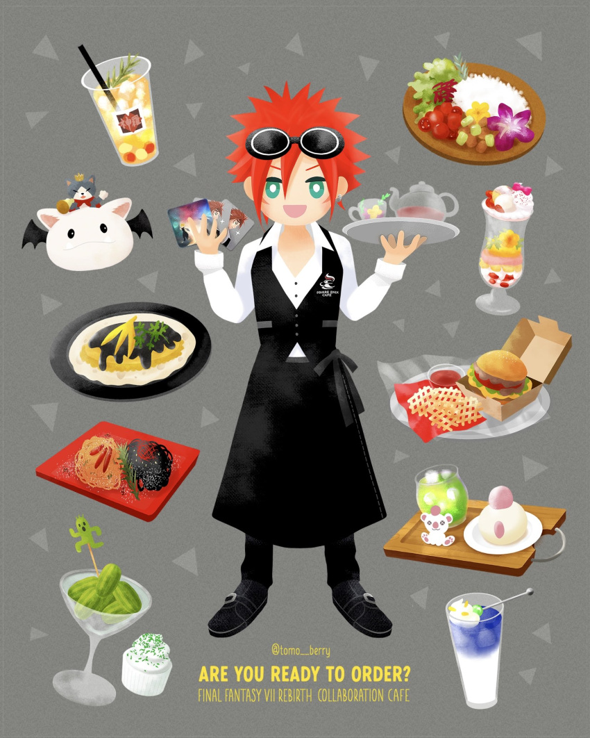 1boy alternate_costume apron black_apron black_footwear black_pants black_vest bright_pupils burger cait_sith_(ff7) collared_shirt commentary_request cup dress_shirt drink drinking_glass english_text facial_mark final_fantasy final_fantasy_vii final_fantasy_vii_rebirth final_fantasy_vii_remake flower food french_fries full_body goggles goggles_on_head green_eyes grey_background hands_up highres holding holding_megaphone holding_tray ice ice_cube looking_at_viewer male_focus megaphone moogle open_mouth pants partially_unbuttoned pasta plate purple_flower redhead reno_(ff7) rice sabotender shirt shoes short_hair smile solo spiky_hair teacup tomoberry tray twitter_username vest waist_apron waiter white_shirt wine_glass