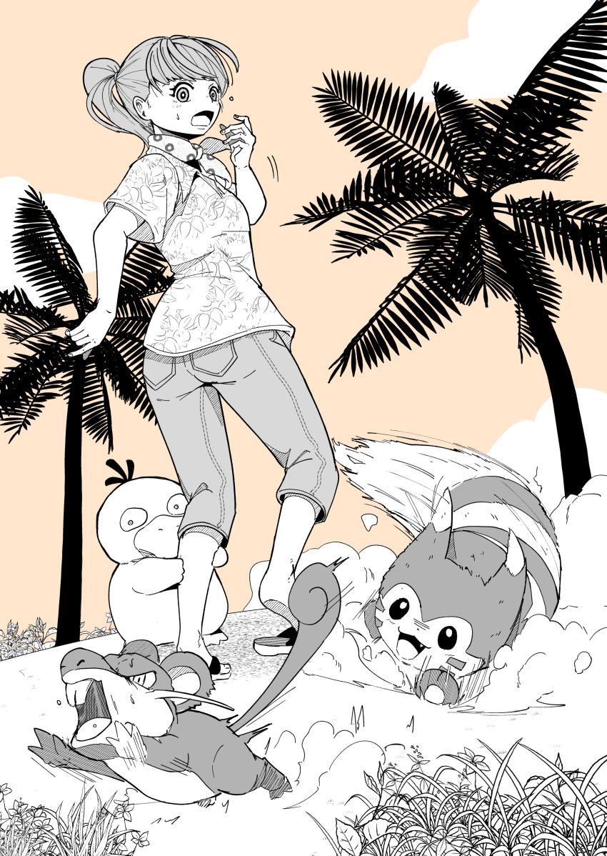 1girl 3others :3 absurdres artist_request ass beach brown_background clouds collared_shirt day denim full_body furret grass greyscale_with_colored_background haru_(pokemon) hawaiian_shirt highres jeans jumping long_hair looking_at_another looking_back monochrome motion_lines multiple_others open_mouth palm_tree pants pokemon pokemon_(creature) pokemon_concierge ponytail psyduck rattata running sandals scared shirt short_sleeves simple_background squatting sweat teeth tree upper_teeth_only wakitani_wit8
