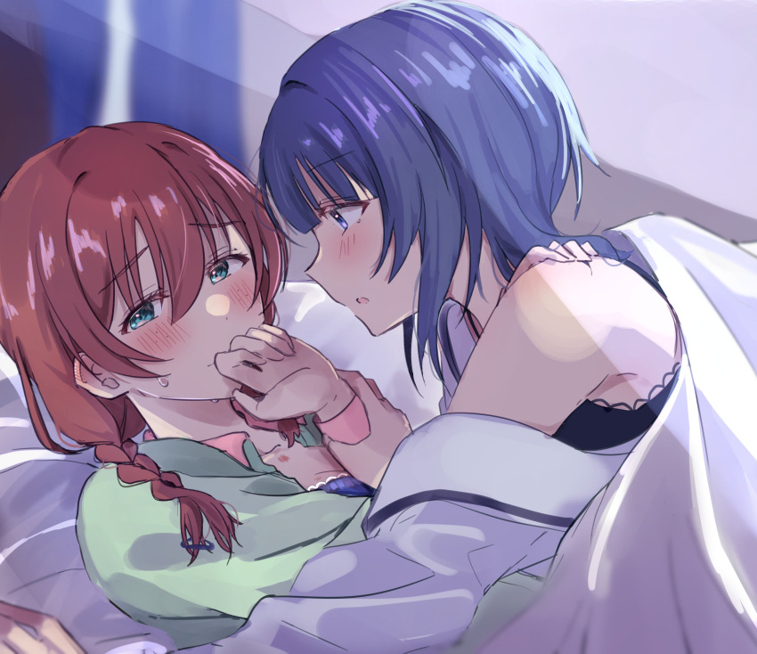 2girls absurdres asaka_karin bed_sheet blue_eyes blush braid brown_hair collarbone commentary_request e_atkenedm emma_verde furrowed_brow green_eyes green_shirt highres holding_another's_wrist indoors looking_at_another looking_to_the_side love_live! love_live!_nijigasaki_high_school_idol_club low_twintails medium_hair multiple_girls parted_lips shade shirt sidelocks twin_braids twintails under_covers upper_body yuri