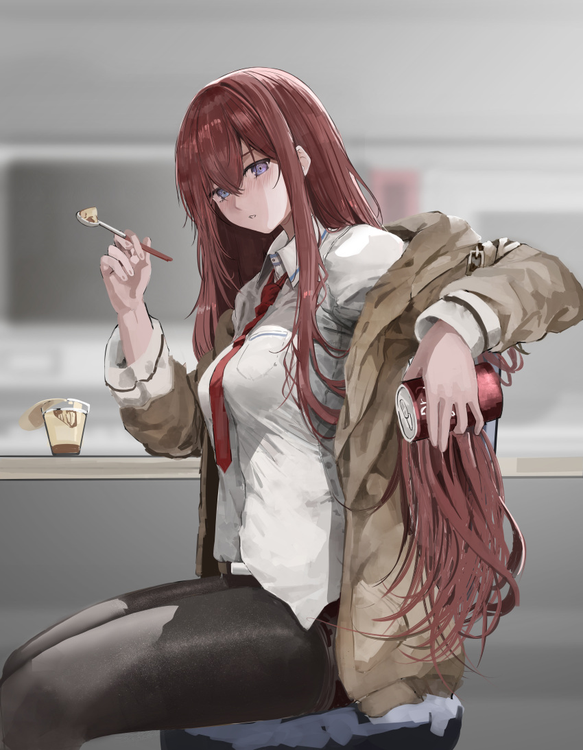1girl absurdres black_pantyhose breasts brown_jacket can collared_shirt dr_pepper food hair_between_eyes highres holding holding_can holding_spoon indoors jacket jdep long_hair long_sleeves looking_at_viewer makise_kurisu medium_breasts necktie pantyhose parted_lips pudding red_necktie redhead shirt sidelocks sitting solo spoon steins;gate uniform violet_eyes white_shirt