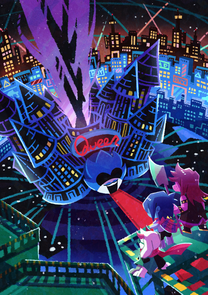 1boy 1girl 1other absurdres animal_ears black_jacket blue_hair blue_skin building cape castle city city_lights cityscape colored_skin commentary_request deltarune dress facing_away from_above glasses goat_boy goat_ears goat_horns green_dress highres horns jacket kris_(deltarune) medium_hair night outdoors pink_cape pink_scarf pink_skin purple_hair railing ralsei red_carpet round_eyewear scarf scenery short_hair sitting sleeveless sleeveless_jacket standing susie_(deltarune) watawata22 wide_shot