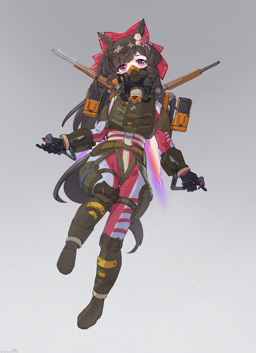 1girl absurdres alternate_costume animal_ears apex_legends armor black_hair boots bow commentary_request cosplay daiichi_ruby_(umamusume) flower full_body gloves grey_hair hair_bow hair_flower hair_ornament highres horse_ears horse_girl horse_tail jetpack looking_at_viewer mask saramiao-chan simple_background solo tail umamusume valkyrie_(apex_legends) violet_eyes