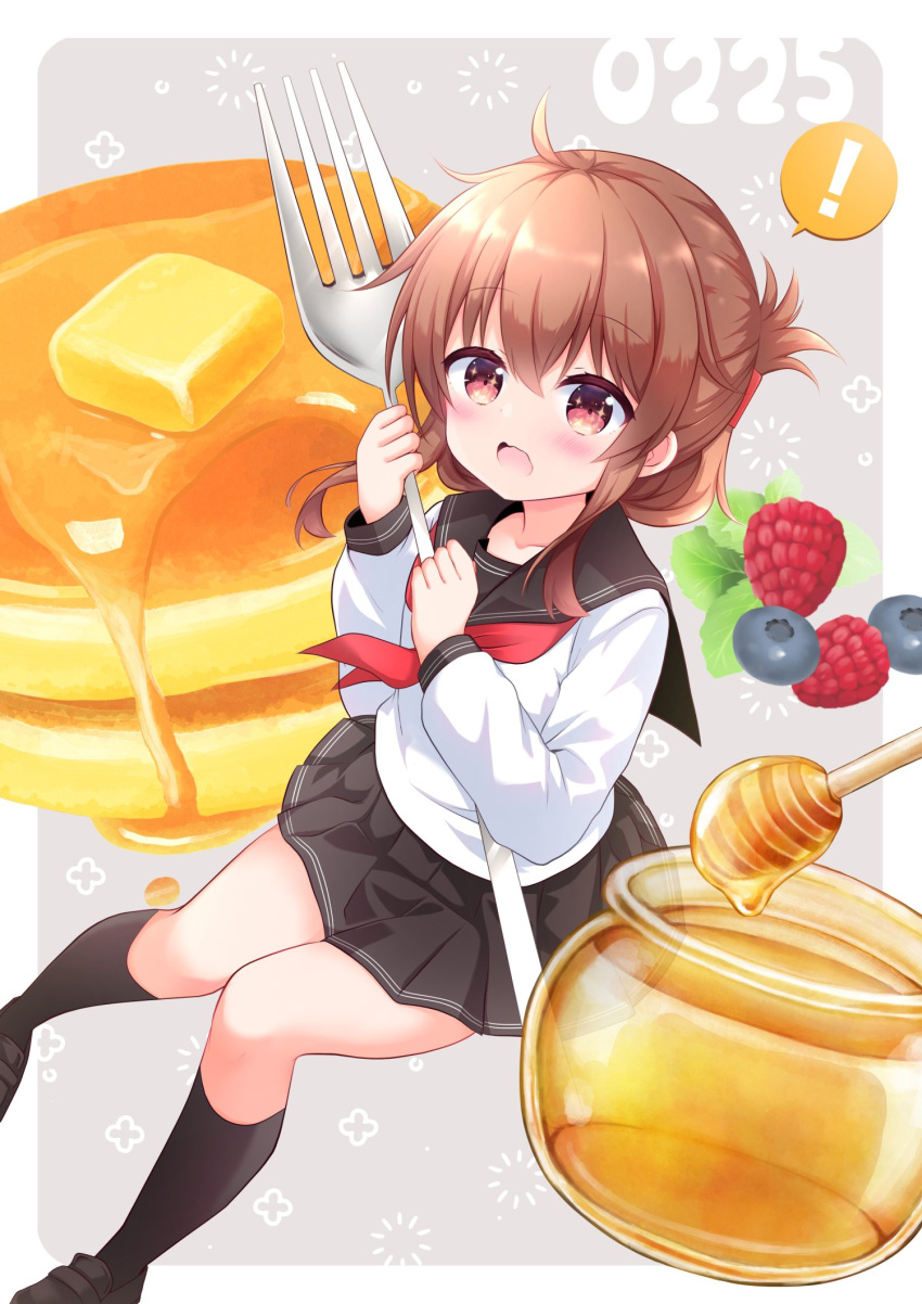 ! 1girl ahoge berry black_footwear black_sailor_collar black_skirt blueberry blush border brown_hair butter collarbone commentary_request crossed_bangs dated folded_ponytail food fork from_above fruit full_body grey_background hair_between_eyes highres holding holding_fork honey honey_dipper inazuma_(kancolle) kantai_collection kashiwadokoro kneehighs knees_together_feet_apart loafers long_hair long_sleeves looking_at_viewer mini_person minigirl mint neckerchief open_mouth outside_border pancake pancake_stack pleated_skirt raspberry red_neckerchief sailor_collar school_uniform serafuku shirt shoes sidelocks skirt socks solo speech_bubble spoken_exclamation_mark white_border white_shirt