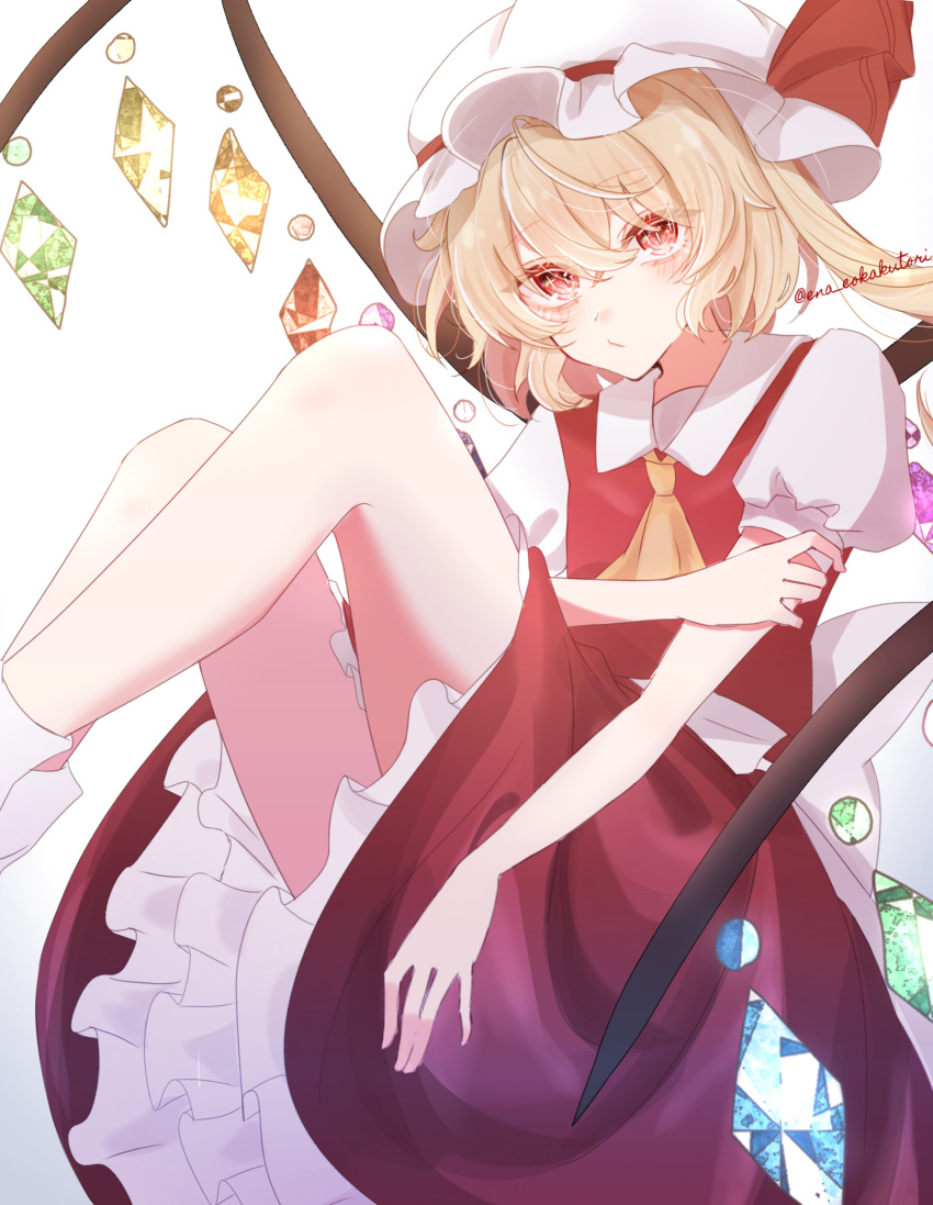 1girl ascot blonde_hair blush crystal_wings ena_eokakutori flandre_scarlet frills full_body hat hat_ribbon highres mob_cap puffy_short_sleeves puffy_sleeves red_eyes red_ribbon ribbon short_sleeves side_ponytail simple_background solo thighs touhou white_background yellow_ascot