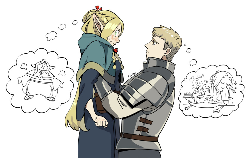 1boy 1girl absurdres armor artist_name blonde_hair blue_dress blush brown_eyes clenched_hands commentary dress dungeon_meshi elf findoworld from_side green_eyes green_poncho highres hood laios_thorden lifting_person long_hair looking_to_the_side marcille_donato pointy_ears short_hair simple_background symbol-only_commentary thought_bubble white_background