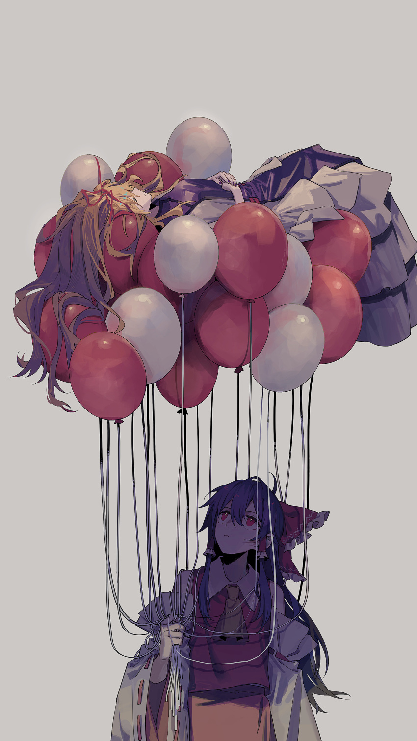 2girls absurdres ascot balloon blonde_hair brown_hair closed_eyes collared_shirt detached_sleeves dress frilled_dress frilled_hair_tubes frills hair_ribbon hair_tubes hakurei_reimu highres holding holding_balloon japanese_clothes long_hair long_sleeves looking_up miko multiple_girls no_headwear nontraditional_miko purple_nails red_eyes red_ribbon red_shirt ribbon ribbon-trimmed_sleeves ribbon_trim shade shirt sidelocks simple_background smile touhou white_background white_dress wide_sleeves yakumo_yukari yellow_ascot zy_(zyyyyyyy9)