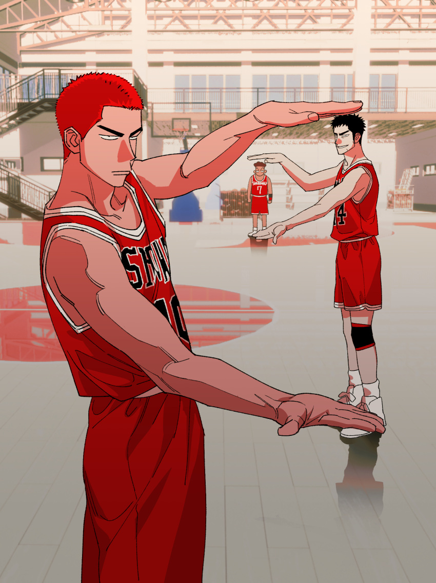 3boys basketball_court basketball_hoop basketball_jersey black_hair character_request closed_mouth floor forced_perspective grin gym highres indoors knee_pads looking_at_viewer male_focus multiple_boys red_shorts redhead sakuragi_hanamichi shadow short_hair shorts slam_dunk_(series) sleeveless smile stairs standing sus_ryo7 v-shaped_eyebrows white_footwear window
