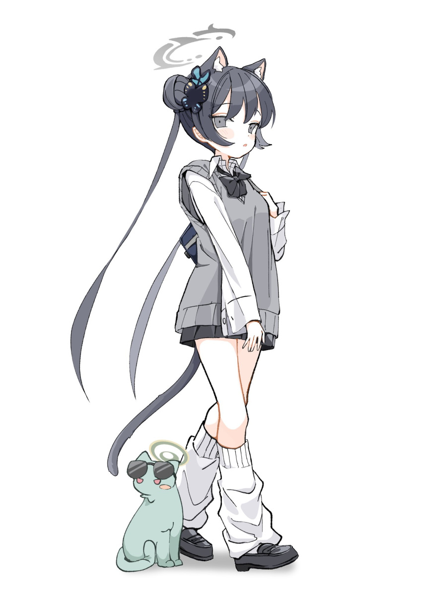 1girl animal_ear_fluff animal_ears bag black_bow black_bowtie black_footwear black_hair blue_archive blush_stickers bow bowtie cat cat_ears cat_girl cat_tail collared_shirt dot_nose eyewear_on_head full_body grey_eyes grey_sweater_vest hair_bun halo hand_up highres kisaki_(blue_archive) light_blush loafers long_hair long_sleeves looking_at_viewer loose_socks parted_lips sentouryoku_5 shirt shoes simple_background socks solo standing sunglasses sweater_vest tachi-e tail white_background white_shirt white_socks