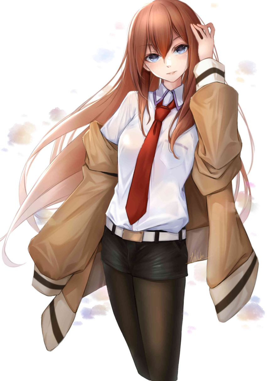 1girl absurdres arm_at_side arm_up belt black_pantyhose black_shorts blue_eyes breast_pocket breasts brown_jacket collared_shirt hair_between_eyes head_tilt highres jacket kanzaki_nyo long_hair long_sleeves looking_at_viewer makise_kurisu medium_breasts necktie pantyhose parted_lips pocket red_necktie redhead shirt shirt_tucked_in short_shorts shorts sidelocks signature solo steins;gate white_background white_belt white_shirt