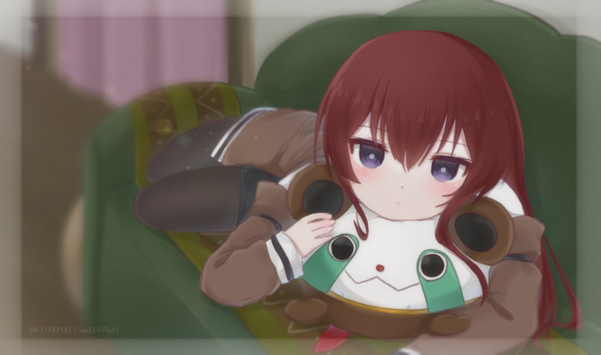 1girl black_footwear black_pantyhose blurry blurry_background border brown_jacket couch depth_of_field dot_nose hair_between_eyes highres holding holding_stuffed_toy indoors jacket jitome kanzaki_nyo light_blush long_hair looking_at_viewer lying makise_kurisu on_stomach pantyhose parted_lips redhead shirt short_shorts shorts solo steins;gate stuffed_toy twitter_username violet_eyes white_shirt