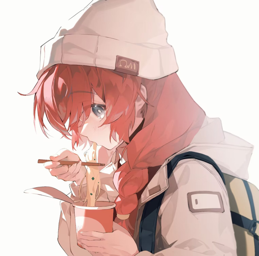 1girl b_zhan_cm_yang backpack bag beanie blue_archive blue_eyes braid coat cup eating food hat highres holding holding_cup long_hair long_sleeves looking_at_viewer maki_(blue_archive) maki_(camp)_(blue_archive) noodles official_alternate_costume redhead simple_background solo upper_body white_background white_coat
