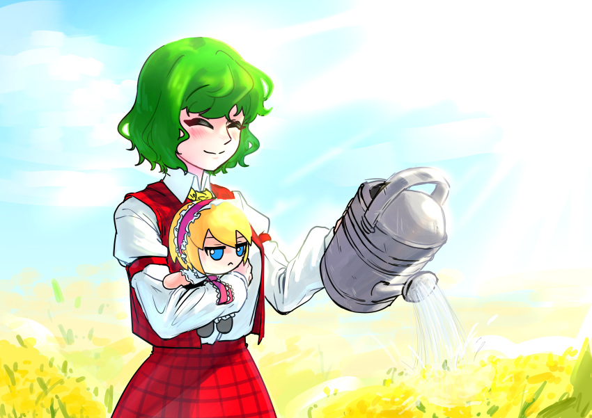 2girls absurdres alice_margatroid blonde_hair blue_eyes blue_sky clouds commentary_request field flower flower_field fumo_(doll) green_hair highres kazami_yuuka korean_commentary long_sleeves lovelobten multiple_girls plaid plaid_skirt red_skirt red_vest shirt short_hair skirt sky sunflower sunflower_field touhou vest watering_can white_shirt